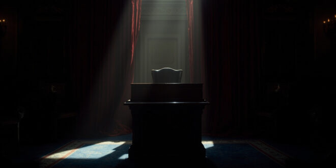 Empty leather chair behind wooden desk in formal chamber with burgundy curtains and dim lighting