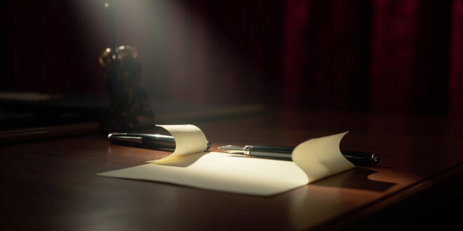 Cream paper note rests on polished wooden desk beside fountain pen in dramatic spotlight