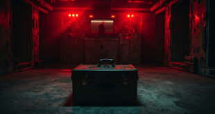 Military briefcase with locks on concrete floor in industrial bunker with red emergency lighting overhead