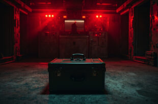 Military briefcase with locks on concrete floor in industrial bunker with red emergency lighting overhead