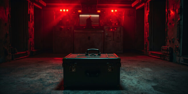 Military briefcase with locks on concrete floor in industrial bunker with red emergency lighting overhead