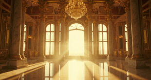 Ornate empty ballroom with crystal chandelier, marble floors, and gold accents in neoclassical style