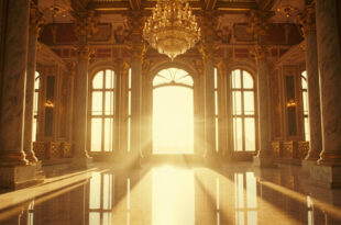 Ornate empty ballroom with crystal chandelier, marble floors, and gold accents in neoclassical style