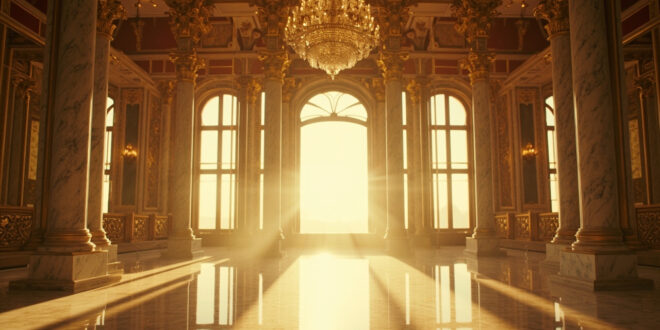 Ornate empty ballroom with crystal chandelier, marble floors, and gold accents in neoclassical style