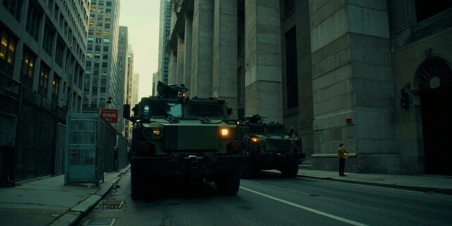 Military transport vehicles parked outside federal government building with concrete barriers and security perimeter.