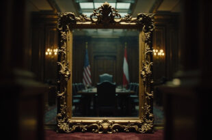 Ornate antique mirror with golden baroque frame in elegant wood-paneled government room with flags