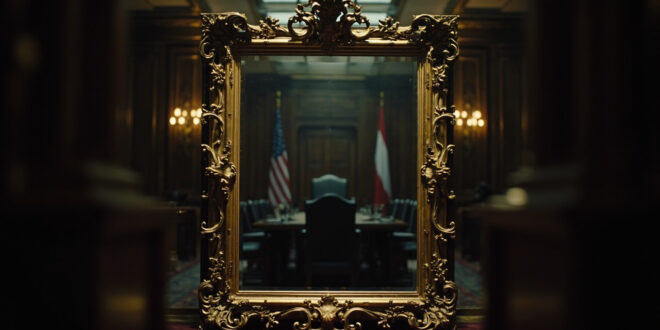 Ornate antique mirror with golden baroque frame in elegant wood-paneled government room with flags