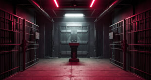 Empty government corridor with metal security barriers and reinforced doors under fluorescent lighting