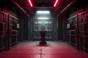 Empty government corridor with metal security barriers and reinforced doors under fluorescent lighting