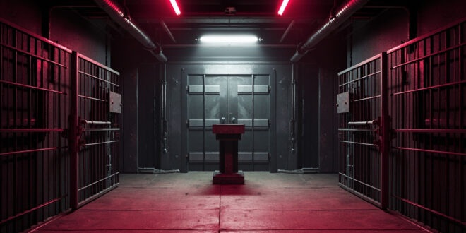 Empty government corridor with metal security barriers and reinforced doors under fluorescent lighting