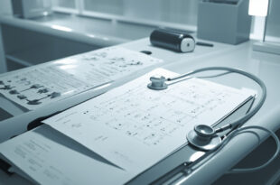 Medical examination table with cognitive test papers, stethoscope, and clinical assessment tools under harsh fluorescent light