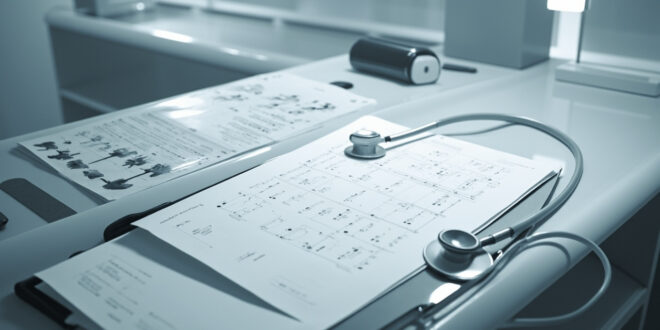 Medical examination table with cognitive test papers, stethoscope, and clinical assessment tools under harsh fluorescent light