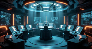 High-tech military command center with glowing radar screens and communication equipment in steel blue lighting