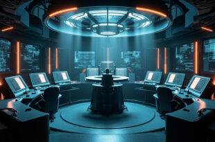 High-tech military command center with glowing radar screens and communication equipment in steel blue lighting