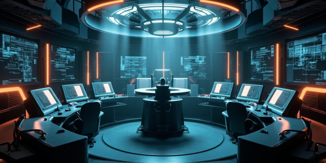 High-tech military command center with glowing radar screens and communication equipment in steel blue lighting