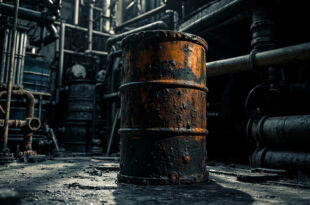 Rusted oil barrel with industrial pipework in stark black and white high-contrast lighting