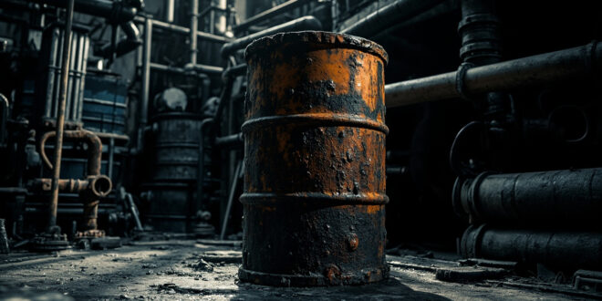 Rusted oil barrel with industrial pipework in stark black and white high-contrast lighting