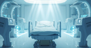 Empty hospital bed surrounded by glowing blue medical equipment in sterile white room