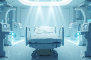 Empty hospital bed surrounded by glowing blue medical equipment in sterile white room