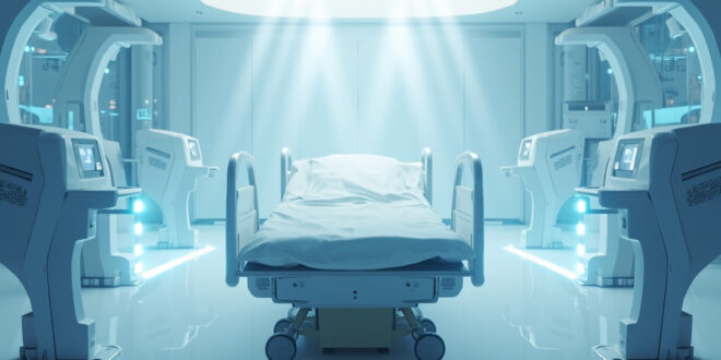 Empty hospital bed surrounded by glowing blue medical equipment in sterile white room