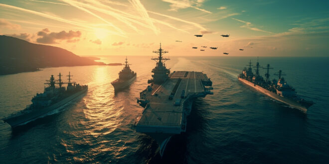 Military aircraft carrier and destroyer ships in Caribbean waters, empty decks, contrails in sky above