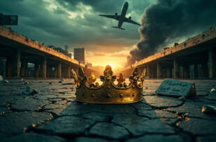 Golden crown on wet pavement beneath dark sky with aircraft contrail above empty plaza