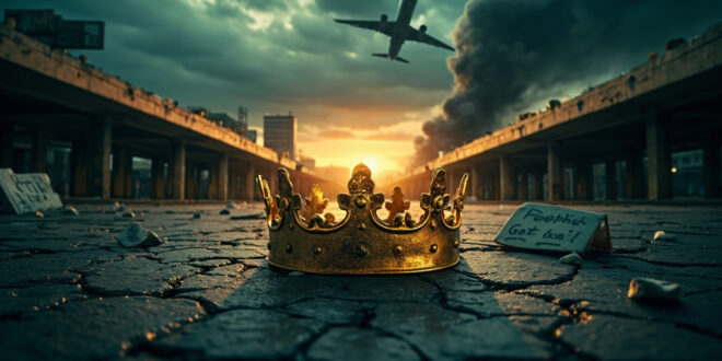 Golden crown on wet pavement beneath dark sky with aircraft contrail above empty plaza