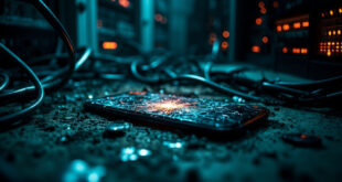 Damaged smartphone with fractured screen displaying pixelated distortion in dark tech environment