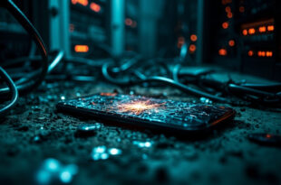 Damaged smartphone with fractured screen displaying pixelated distortion in dark tech environment