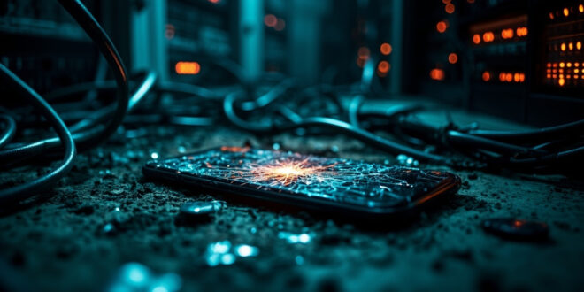 Damaged smartphone with fractured screen displaying pixelated distortion in dark tech environment