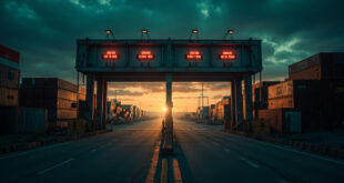 Closed customs gate at border crossing with stacked shipping containers and warning lights in fading daylight
