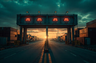Closed customs gate at border crossing with stacked shipping containers and warning lights in fading daylight