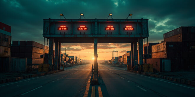 Closed customs gate at border crossing with stacked shipping containers and warning lights in fading daylight