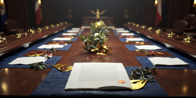 Formal diplomatic documents with seals and ribbons on polished wood table surrounded by international flags