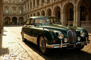 Vintage Jaguar car parked on elegant spa colonnade with grand hotel architecture in background