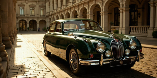 Vintage Jaguar car parked on elegant spa colonnade with grand hotel architecture in background