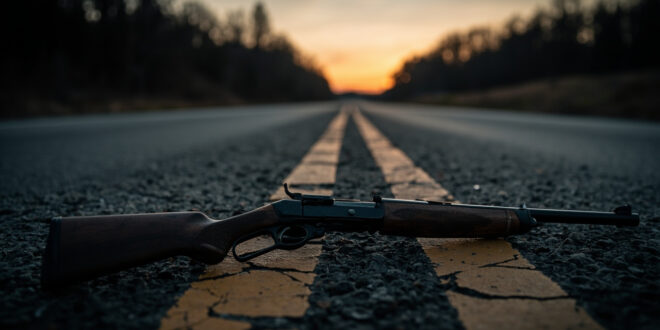 Air rifle lying on empty highway shoulder beside yellow road markings at twilight