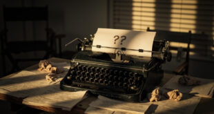 Vintage typewriter with scattered script pages and empty director's chair in warm afternoon light