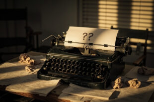 Vintage typewriter with scattered script pages and empty director's chair in warm afternoon light