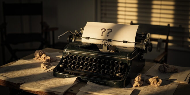 Vintage typewriter with scattered script pages and empty director's chair in warm afternoon light