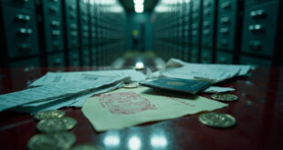 Torn diplomatic passport with official seals and rejection stamps scattered across polished mahogany desk in government office