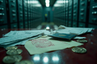 Torn diplomatic passport with official seals and rejection stamps scattered across polished mahogany desk in government office