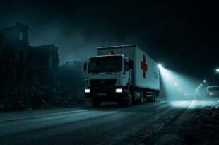 White Red Cross truck illuminated at night on damaged road surrounded by rubble and destroyed structures