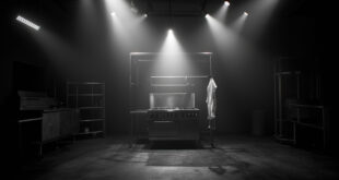 Empty television kitchen studio with stainless steel counters, hanging apron, and bright stage lighting
