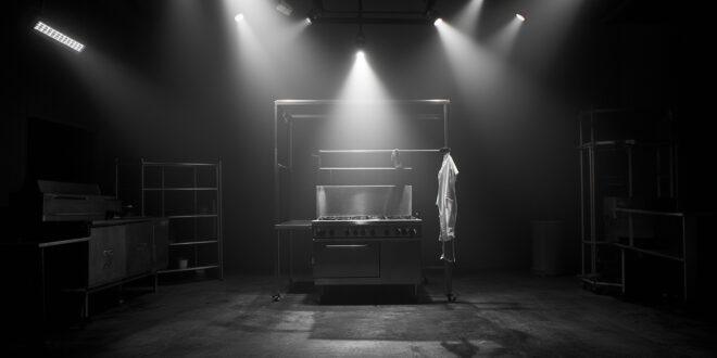 Empty television kitchen studio with stainless steel counters, hanging apron, and bright stage lighting