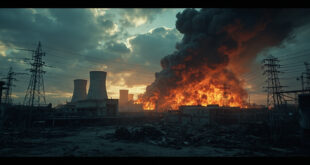 Industrial power plant with smoke rising from damaged structures against dark evening sky