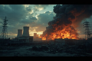 Industrial power plant with smoke rising from damaged structures against dark evening sky