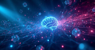 Glowing circuit brain with data streams and analytics particles flowing in abstract digital space