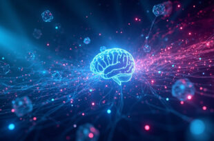 Glowing circuit brain with data streams and analytics particles flowing in abstract digital space