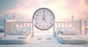 Two hospital bassinets with medical equipment and clock showing midnight in maternity ward